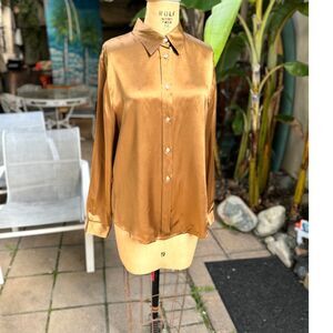 Vintage 90s Bianca Nygård Gold Silk Satin Button Down Blouse SZ 12 & MOP Buttons